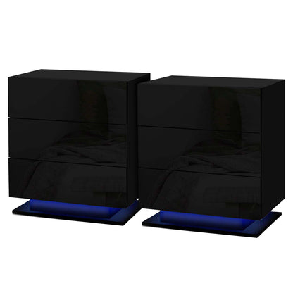 Artiss 2x Bedside Table LED 3 Drawers - MORI Black FURNI-O-LED-BS-02-BKX2