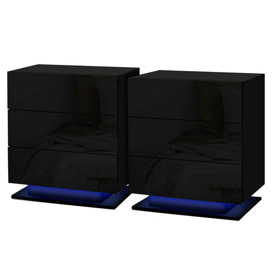 Artiss 2x Bedside Table LED 3 Drawers - MORI Black FURNI-O-LED-BS-02-BKX2