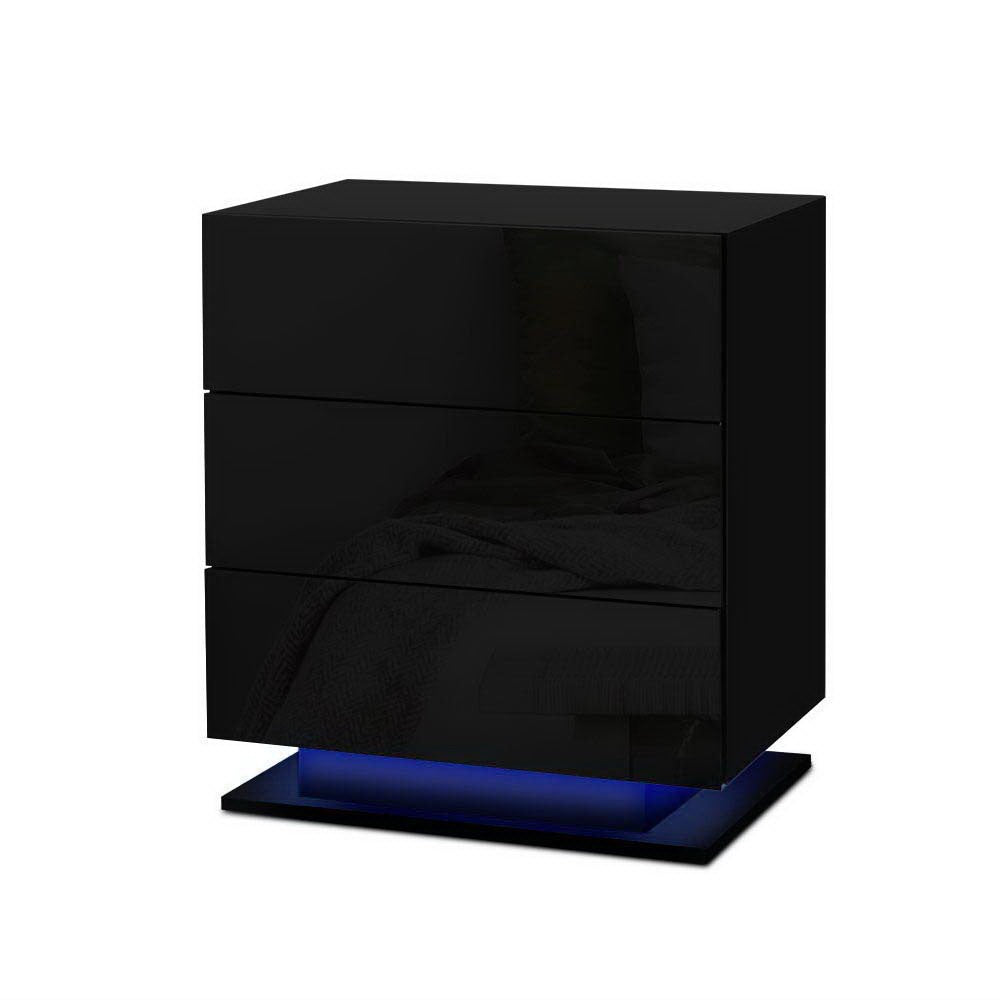 Artiss 2x Bedside Table LED 3 Drawers - MORI Black FURNI-O-LED-BS-02-BKX2