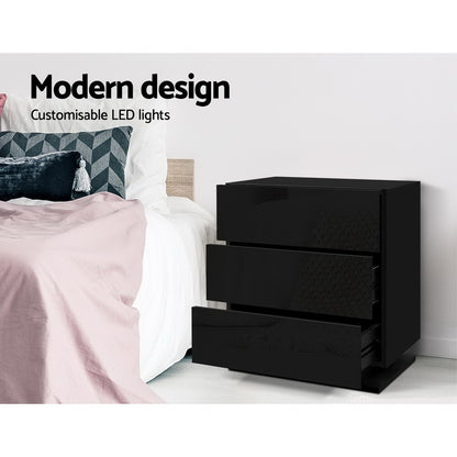 Artiss 2x Bedside Table LED 3 Drawers - MORI Black FURNI-O-LED-BS-02-BKX2