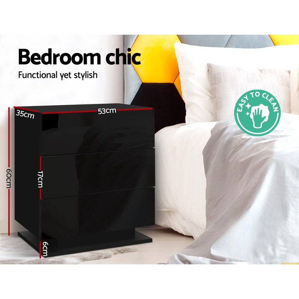 Artiss 2x Bedside Table LED 3 Drawers - MORI Black FURNI-O-LED-BS-02-BKX2