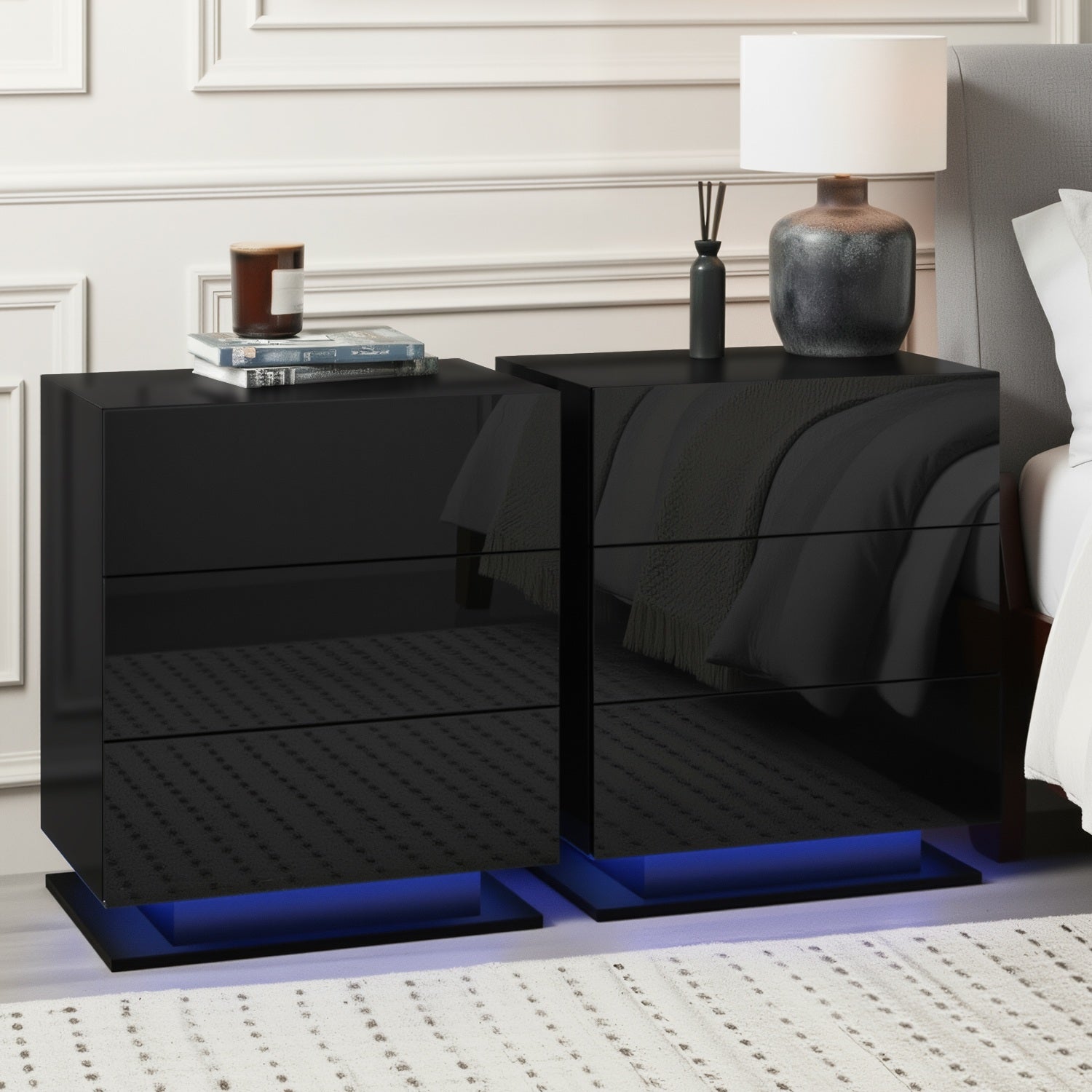 Artiss 2x Bedside Table LED 3 Drawers - MORI Black FURNI-O-LED-BS-02-BKX2