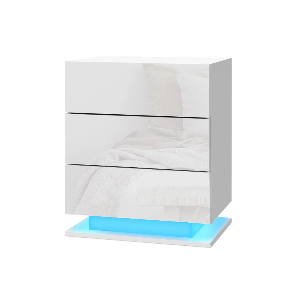 Artiss Bedside Table LED 3 Drawers - MORI White FURNI-O-LED-BS-02-WH