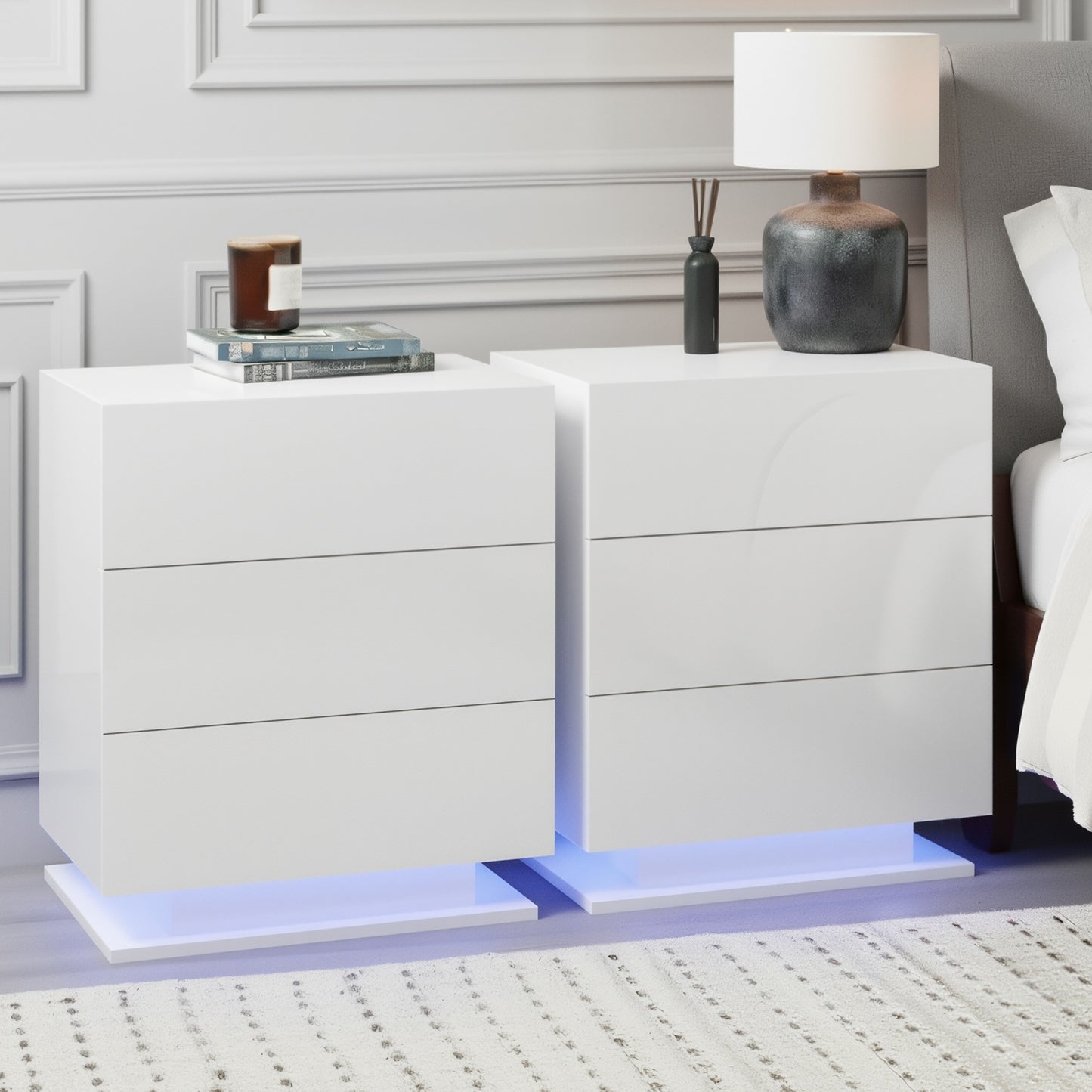 Artiss 2x Bedside Table LED 3 Drawers - MORI White FURNI-O-LED-BS-02-WHX2