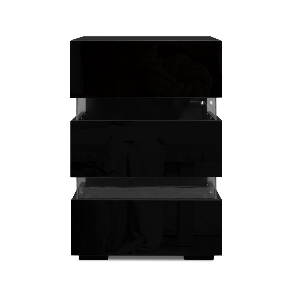 Artiss Bedside Table LED 3 Drawers - LUMI Black FURNI-O-LED-BS-03-BK