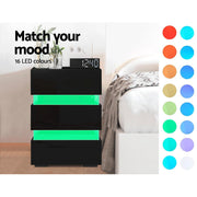 Artiss Bedside Table LED 3 Drawers - LUMI Black FURNI-O-LED-BS-03-BK