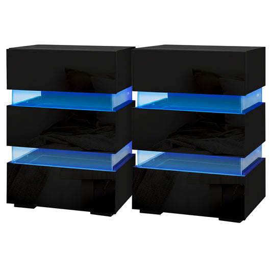 Artiss 2x Bedside Table LED 3 Drawers - LUMI Black FURNI-O-LED-BS-03-BKX2