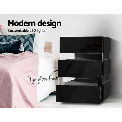 Artiss 2x Bedside Table LED 3 Drawers - LUMI Black FURNI-O-LED-BS-03-BKX2