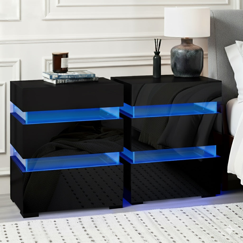 Artiss 2x Bedside Table LED 3 Drawers - LUMI Black FURNI-O-LED-BS-03-BKX2