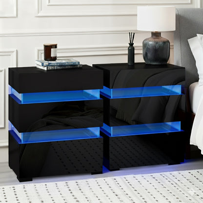 Artiss 2x Bedside Table LED 3 Drawers - LUMI Black FURNI-O-LED-BS-03-BKX2