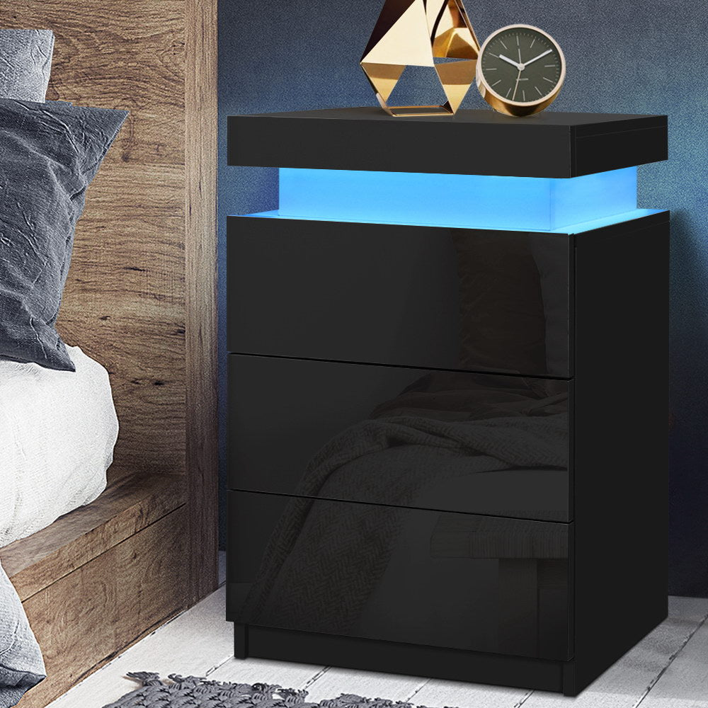 Artiss Bedside Table LED 3 Drawers - COLEY Black FURNI-O-LED-BS-3D-BK