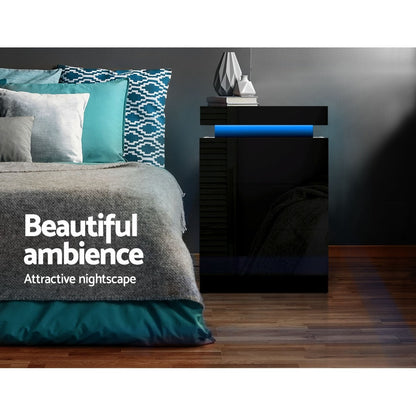 Artiss 2X Bedside Table LED 3 Drawers - COLEY Black FURNI-O-LED-BS-3D-BKX2