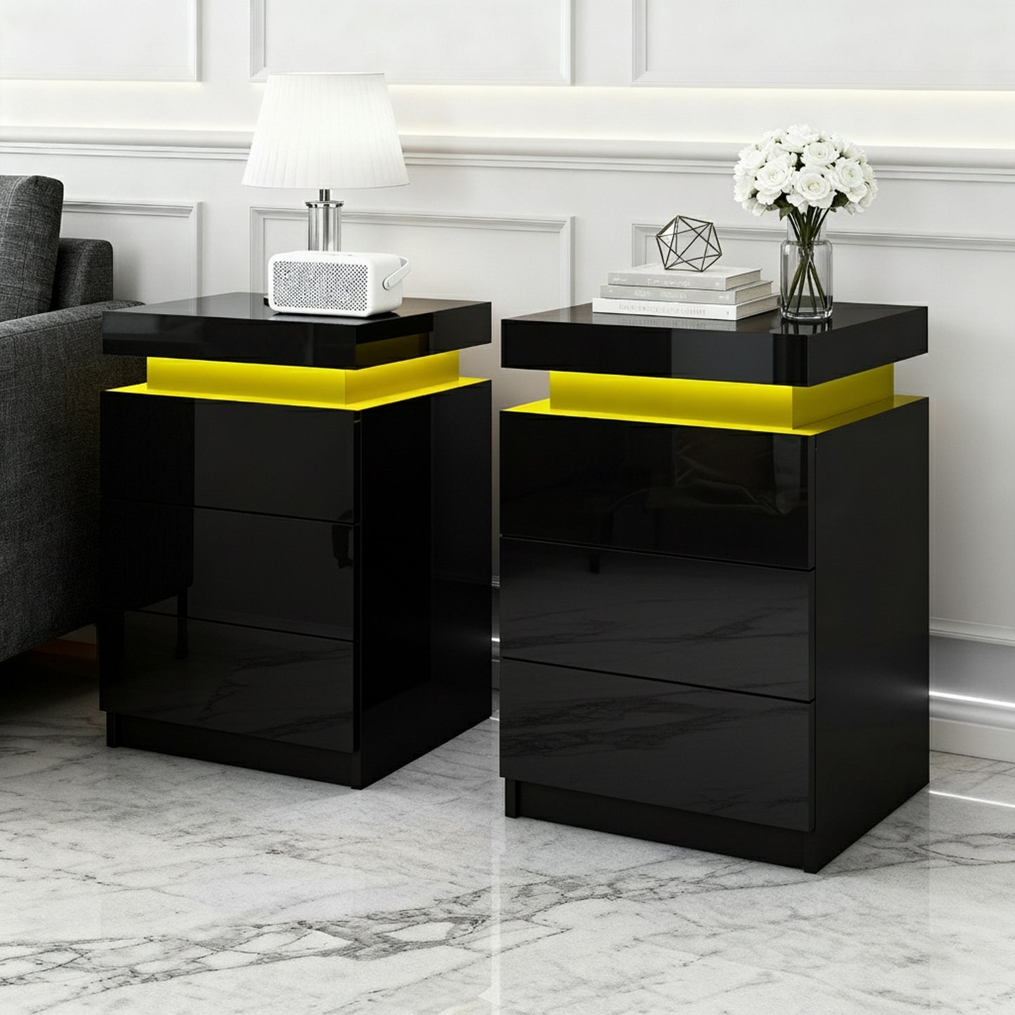 Artiss 2X Bedside Table LED 3 Drawers - COLEY Black FURNI-O-LED-BS-3D-BKX2
