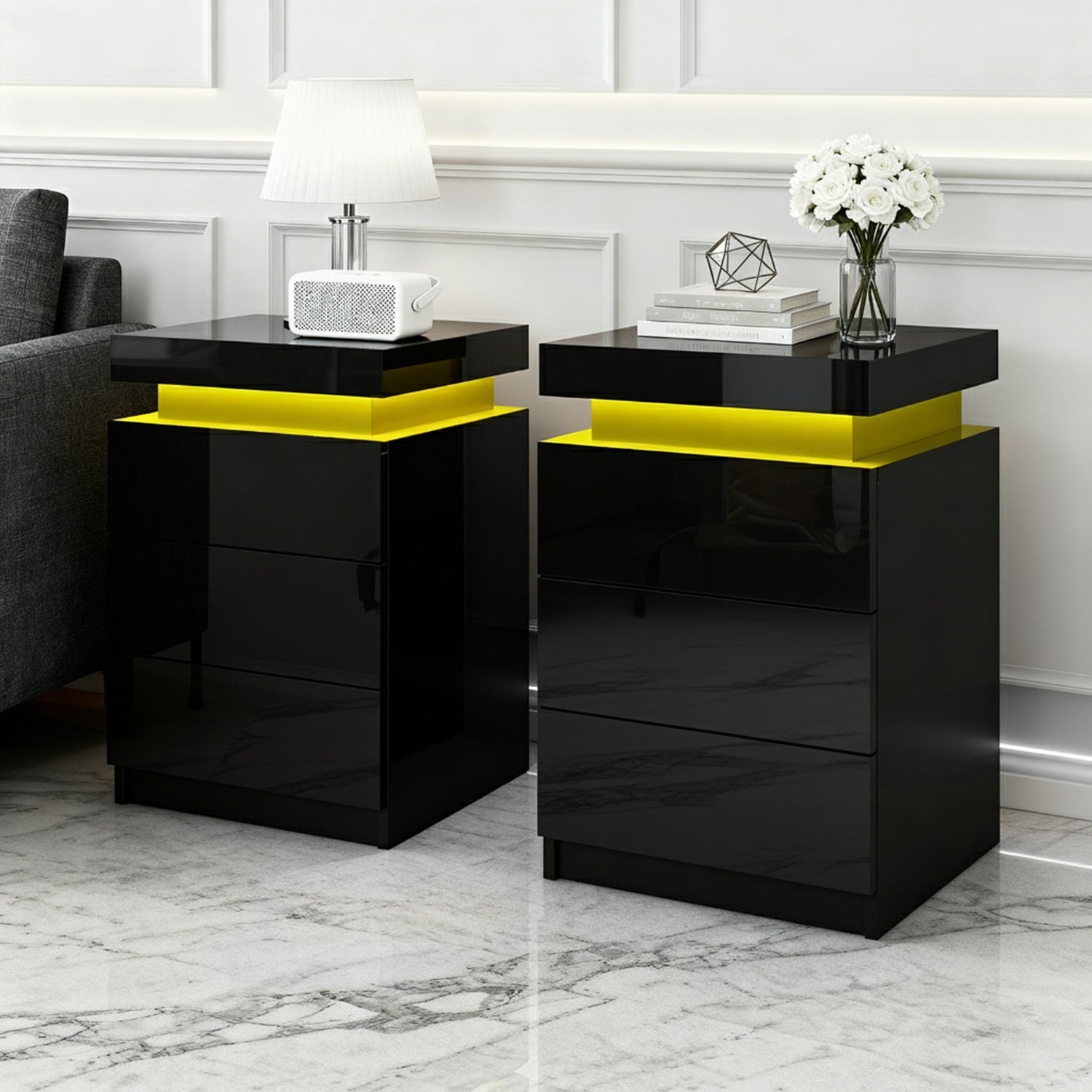 Artiss 2X Bedside Table LED 3 Drawers - COLEY Black FURNI-O-LED-BS-3D-BKX2