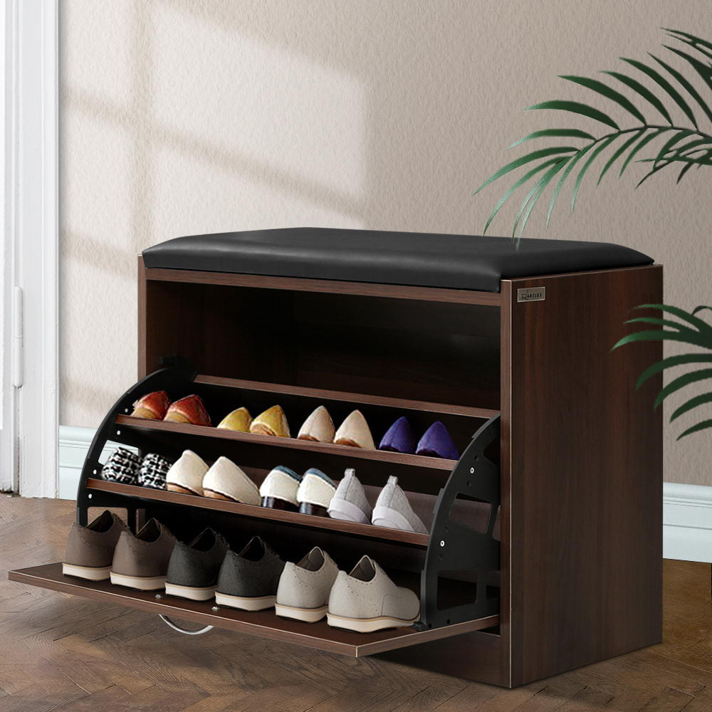 Artiss Shoe Rack Cabinet Bench15 Pairs Walnut Kyla FURNI-O-SHOE-BEN01-WAL