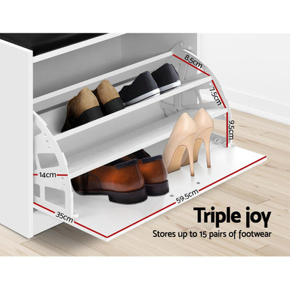 Artiss Shoe Rack Cabinet Bench 15 Pairs White Kyla FURNI-O-SHOE-BEN01-WH