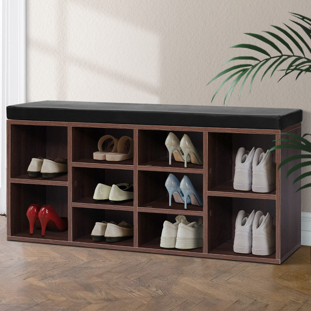 Artiss Shoe Rack Cabinet Bench 10 Cubes - Walnut FURNI-O-SHOE-BEN102-WAL