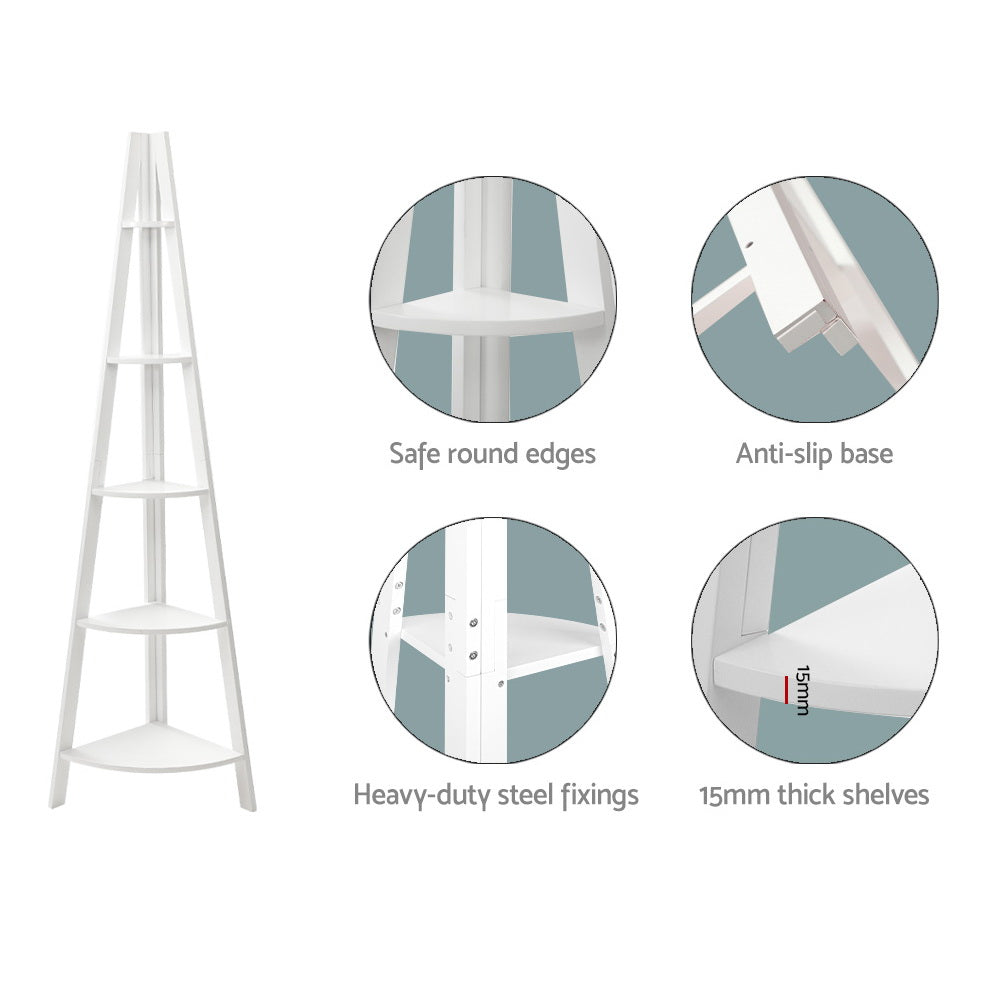 Artiss Bookshelf Corner Shelf 5 Tiers - CANE White FURNI-P-LAD-COR5T-WH