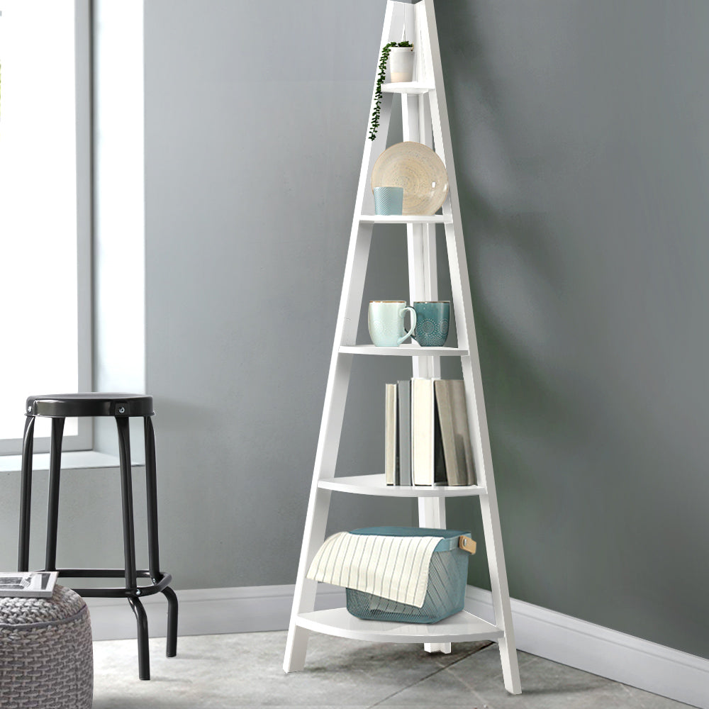 Artiss Bookshelf Corner Shelf 5 Tiers - CANE White FURNI-P-LAD-COR5T-WH