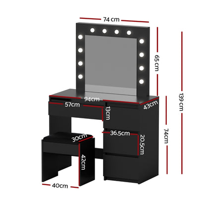 Artiss Dressing Table Set Stool 12 Led Bulbs Black FURNI-Q-DRESS01N-LED-BK-AB