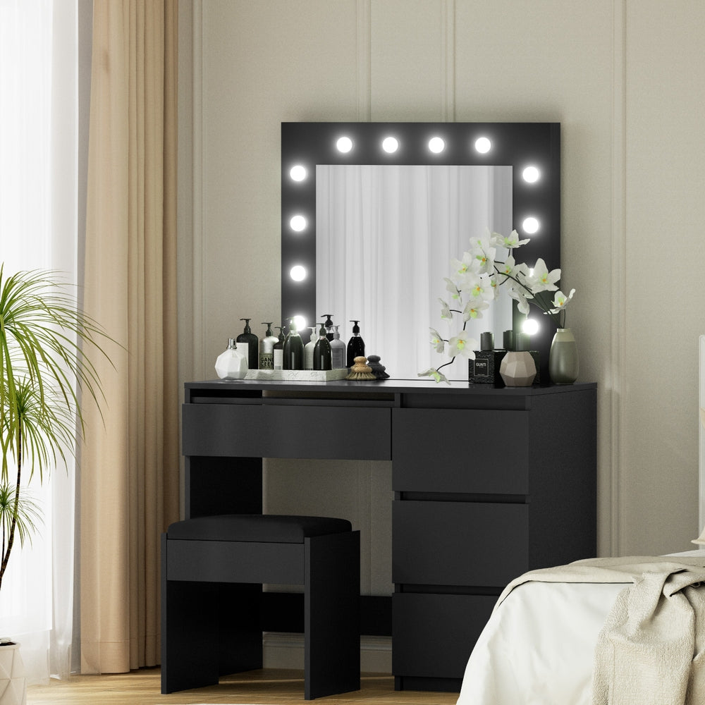 Artiss Dressing Table Set Stool 12 Led Bulbs Black FURNI-Q-DRESS01N-LED-BK-AB