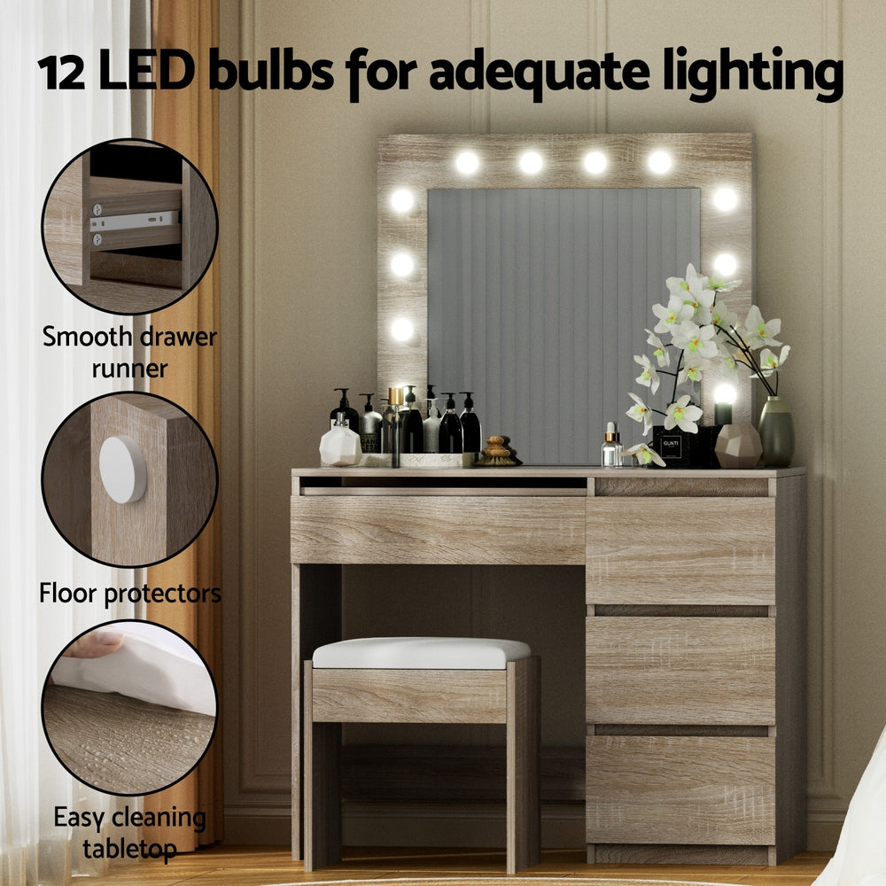 Artiss Dressing Table Set Stool 12 Led Bulbs Wood FURNI-Q-DRESS01N-LED-WD-AB