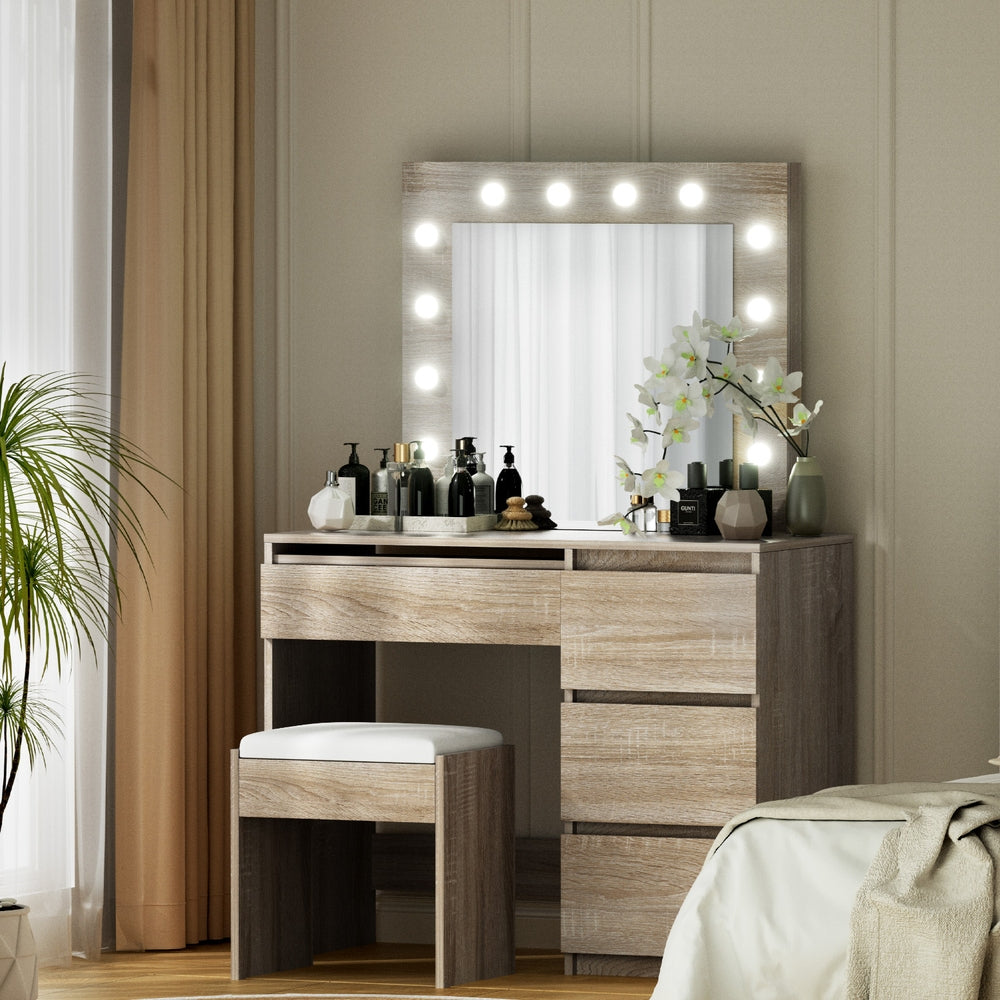 Artiss Dressing Table Set Stool 12 Led Bulbs Wood FURNI-Q-DRESS01N-LED-WD-AB