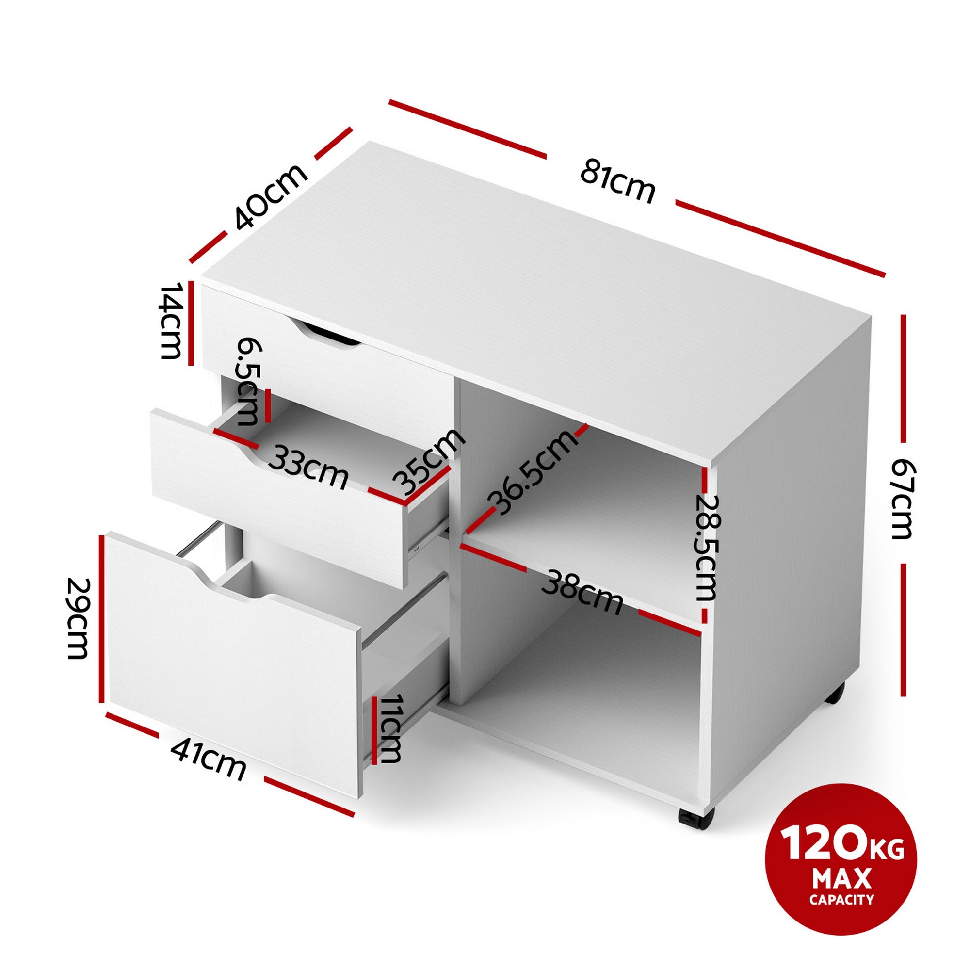 Artiss 3 Drawer Mobile Filing Cabinet Printer Stand Cabinet Home Office Storage White FURNI-Q-FC-3D-WH
