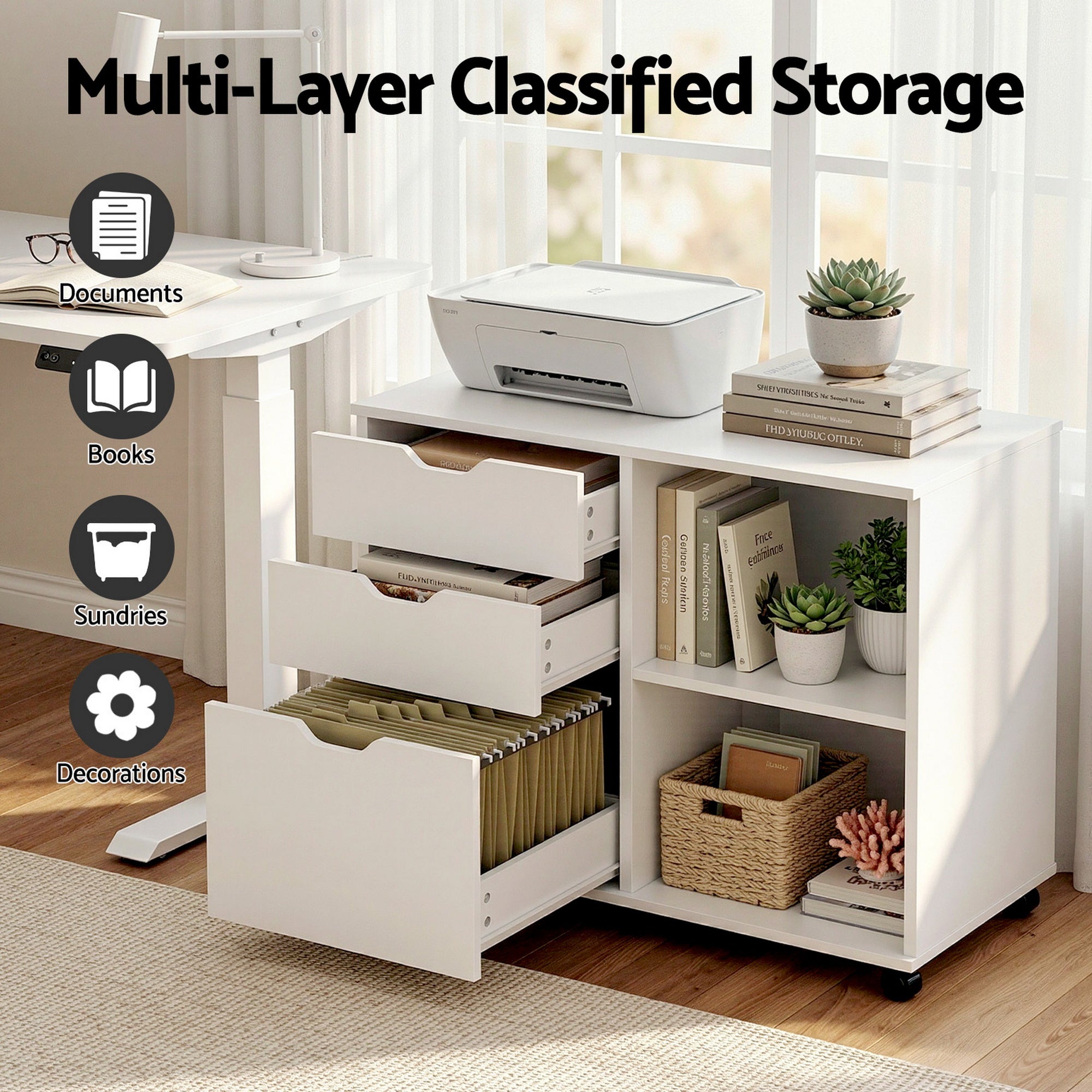 Artiss 3 Drawer Mobile Filing Cabinet Printer Stand Cabinet Home Office Storage White FURNI-Q-FC-3D-WH