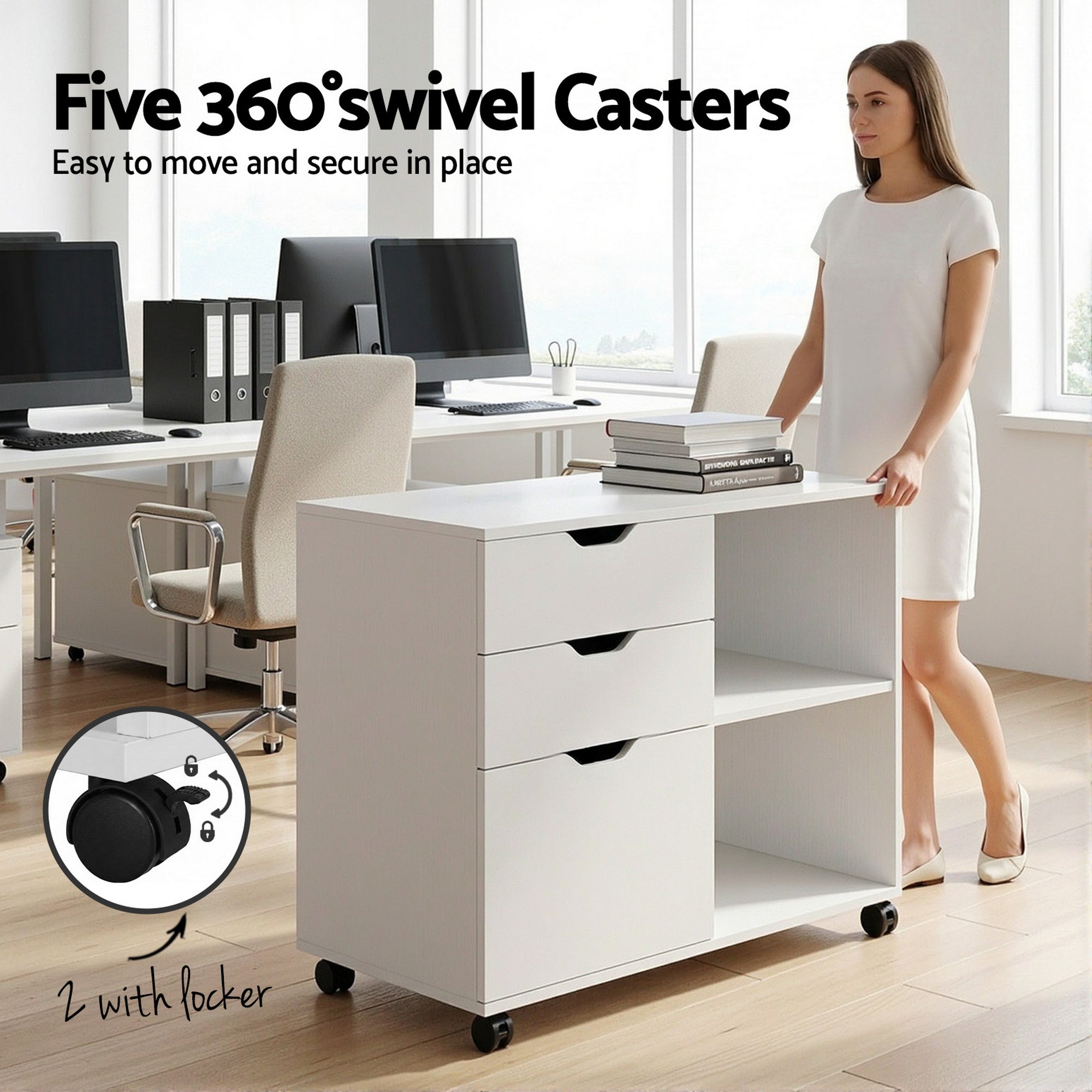 Artiss 3 Drawer Mobile Filing Cabinet Printer Stand Cabinet Home Office Storage White FURNI-Q-FC-3D-WH