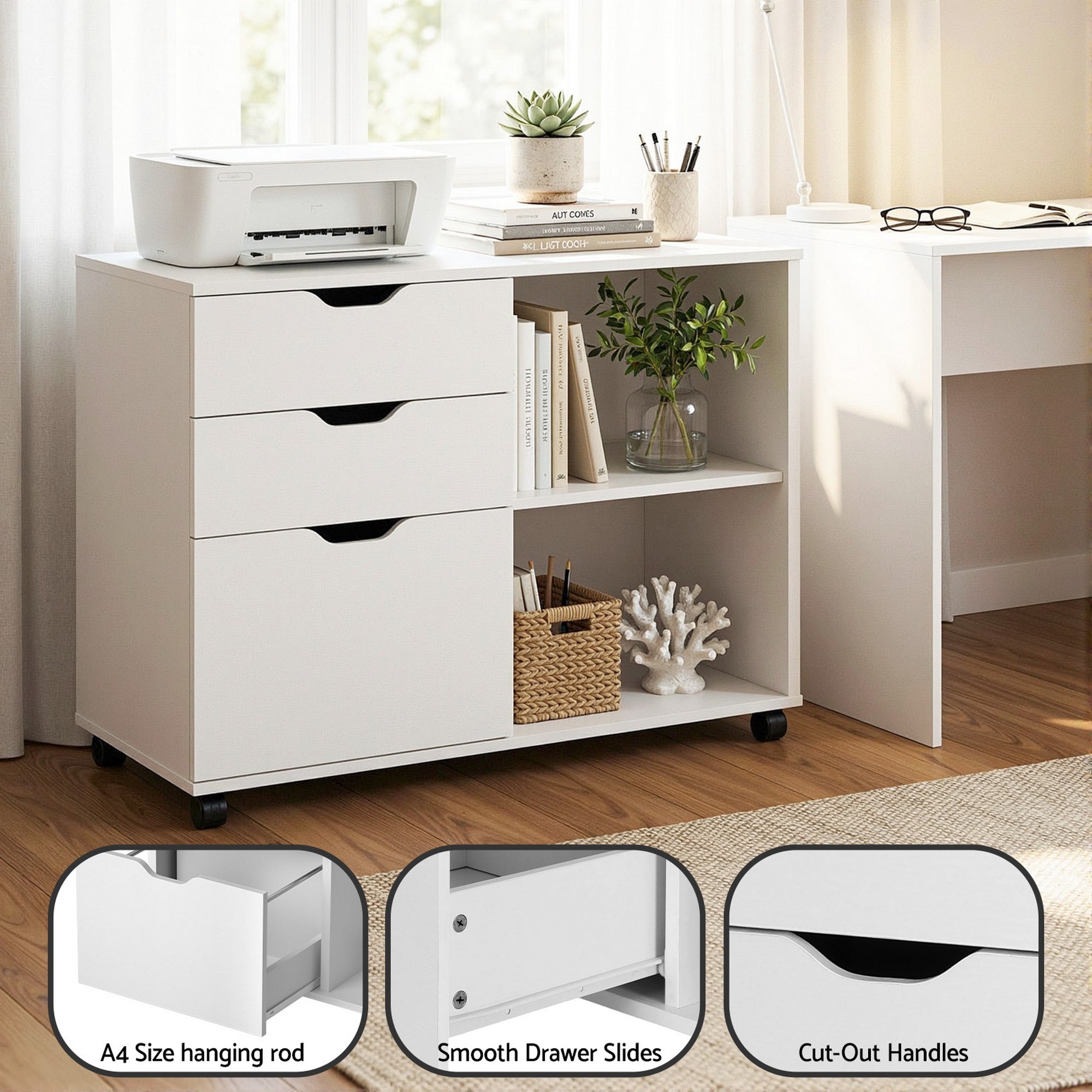 Artiss 3 Drawer Mobile Filing Cabinet Printer Stand Cabinet Home Office Storage White FURNI-Q-FC-3D-WH