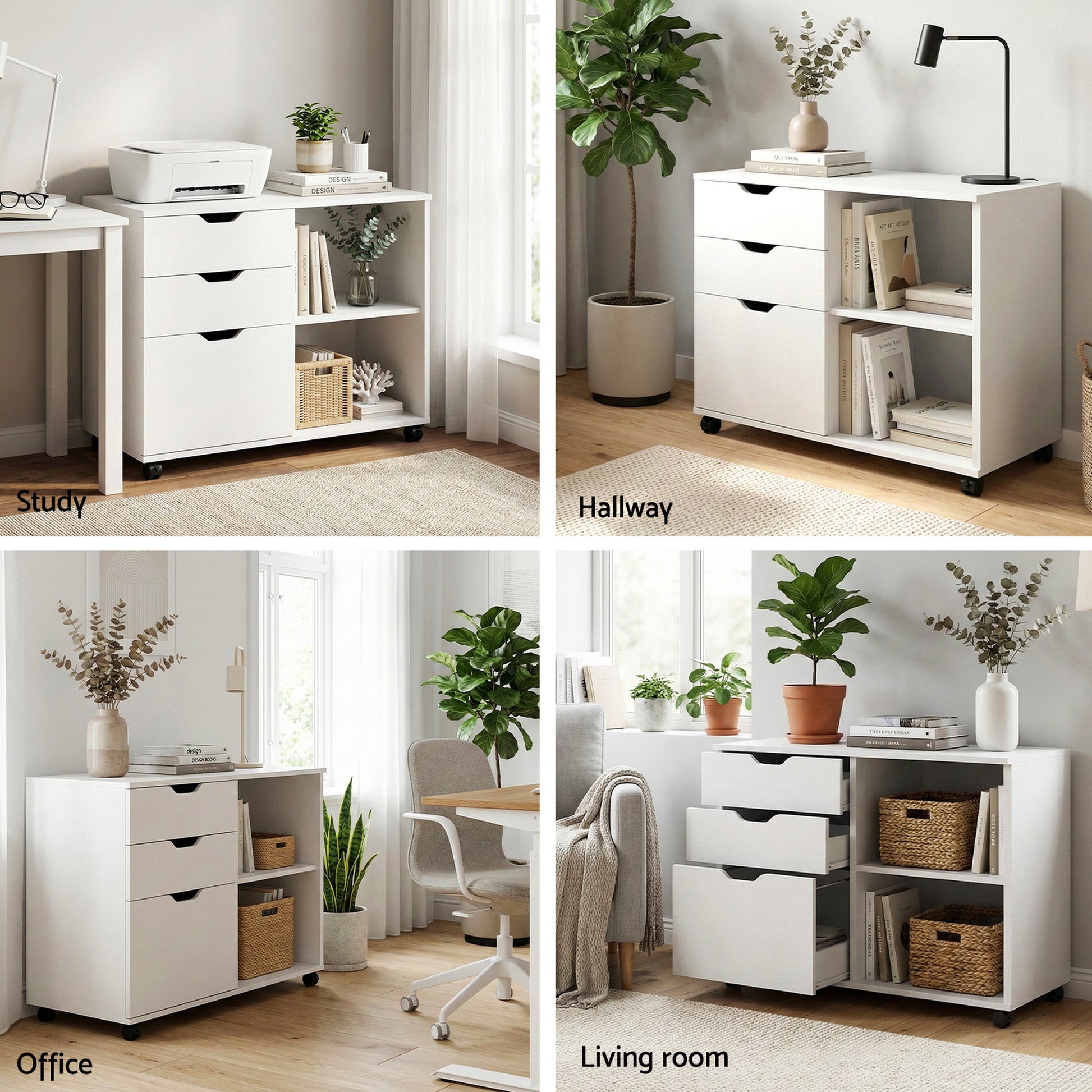 Artiss 3 Drawer Mobile Filing Cabinet Printer Stand Cabinet Home Office Storage White FURNI-Q-FC-3D-WH