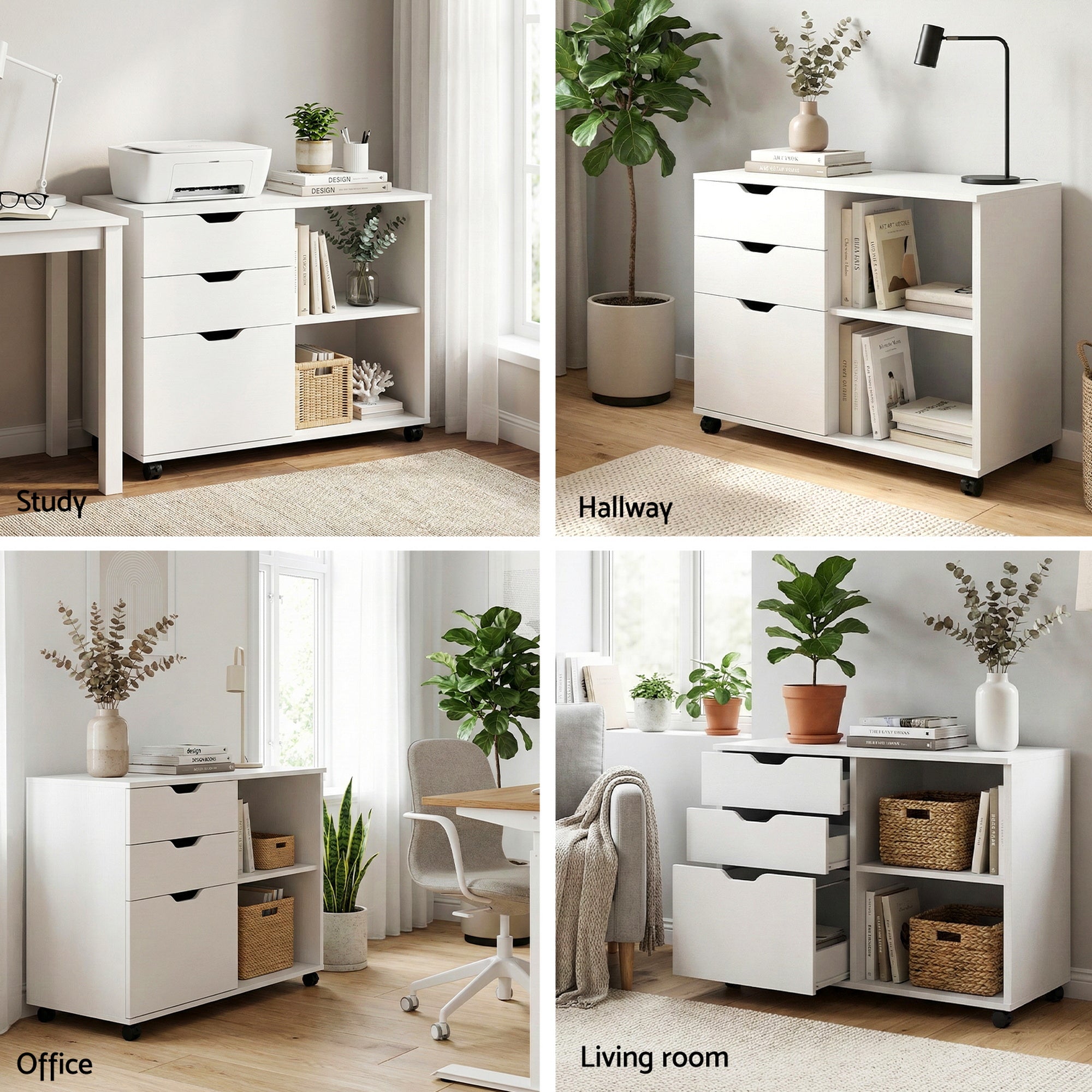 Artiss 3 Drawer Mobile Filing Cabinet Printer Stand Cabinet Home Office Storage White FURNI-Q-FC-3D-WH