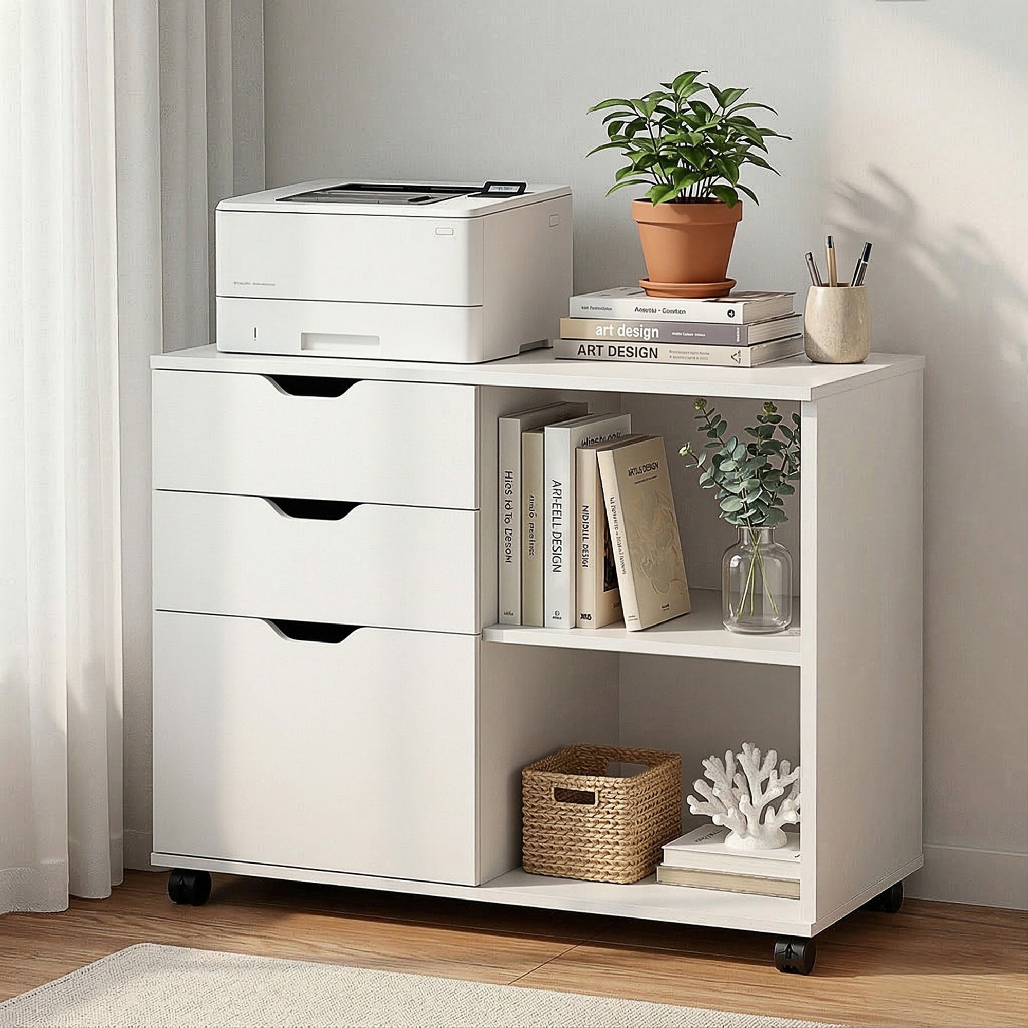 Artiss 3 Drawer Mobile Filing Cabinet Printer Stand Cabinet Home Office Storage White FURNI-Q-FC-3D-WH