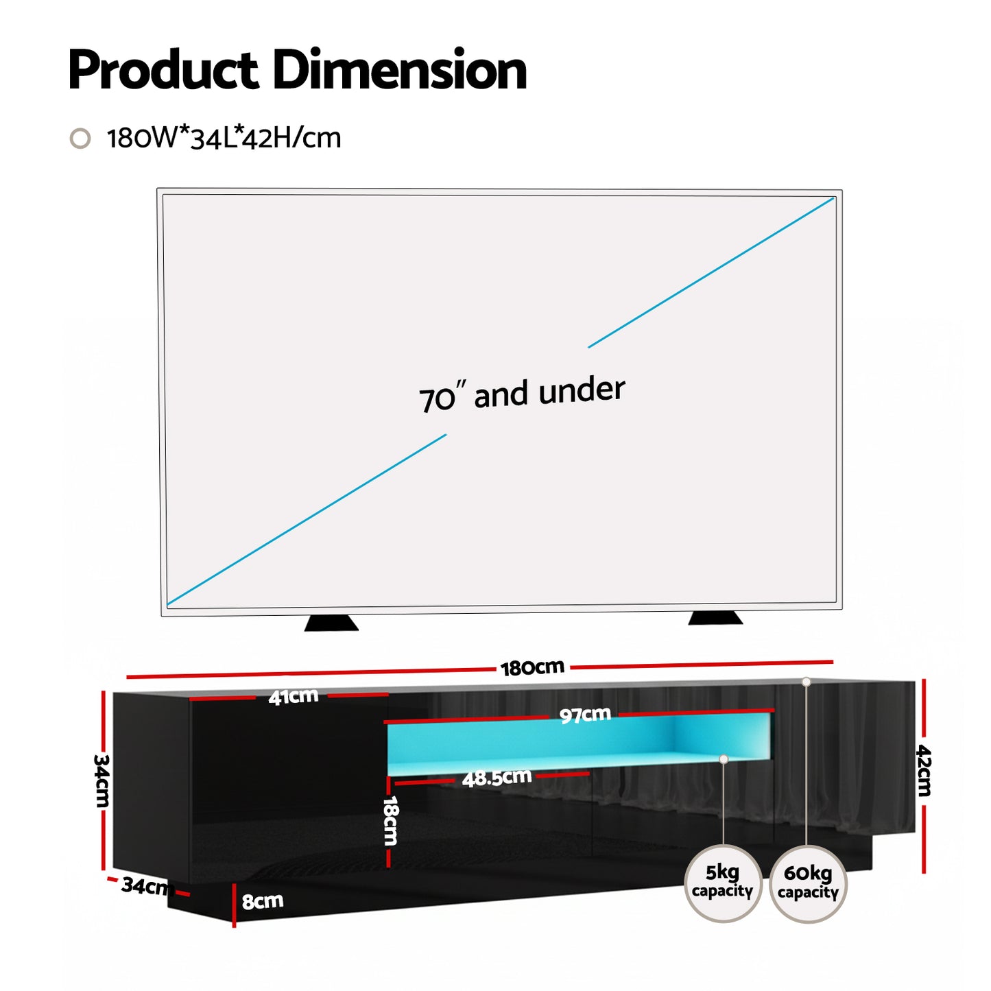 Artiss TV Unit Entertainment Unit Storage Drawer RGB LED 180cm Black FURNI-Q-LED-TV180-2D-BK-AB