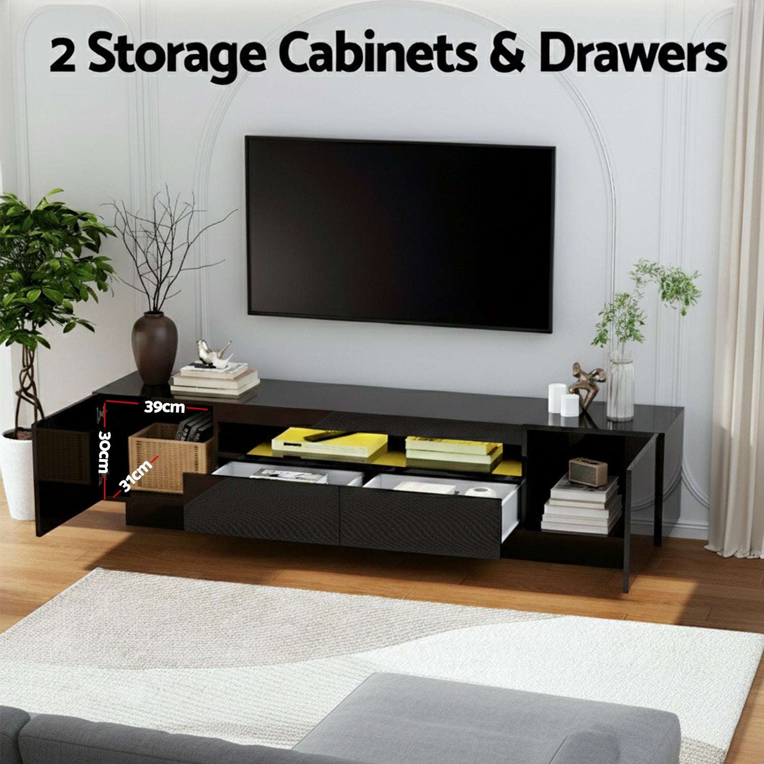 Artiss TV Unit Entertainment Unit Storage Drawer RGB LED 180cm Black FURNI-Q-LED-TV180-2D-BK-AB