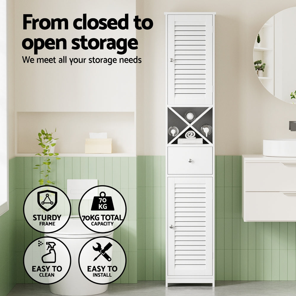 Artiss Bathroom Storage Cabinet 170cm Tall Slim Organiser Toilet Corner Adjustable Shelf Louver Door White FURNI-S-BATH-X170-WH