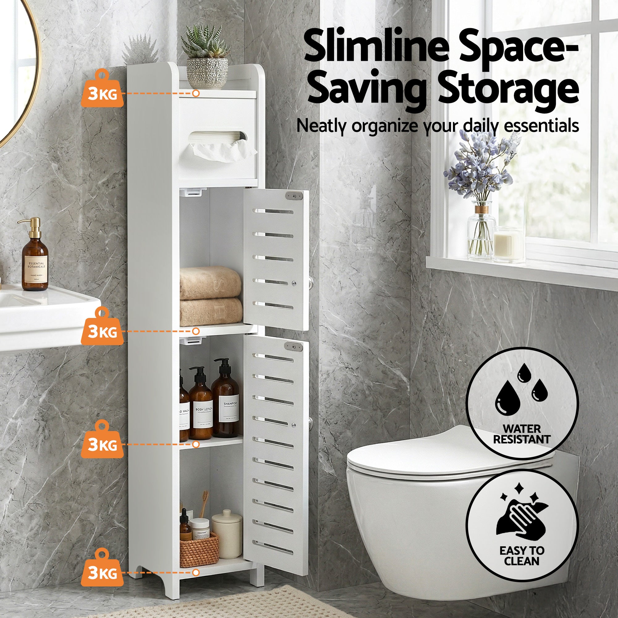 Artiss Bathroom Storage Cabinet 3-Tier Slim Toilet Paper Holder Organizer White FURNI-S-DIY-LVD02-WH