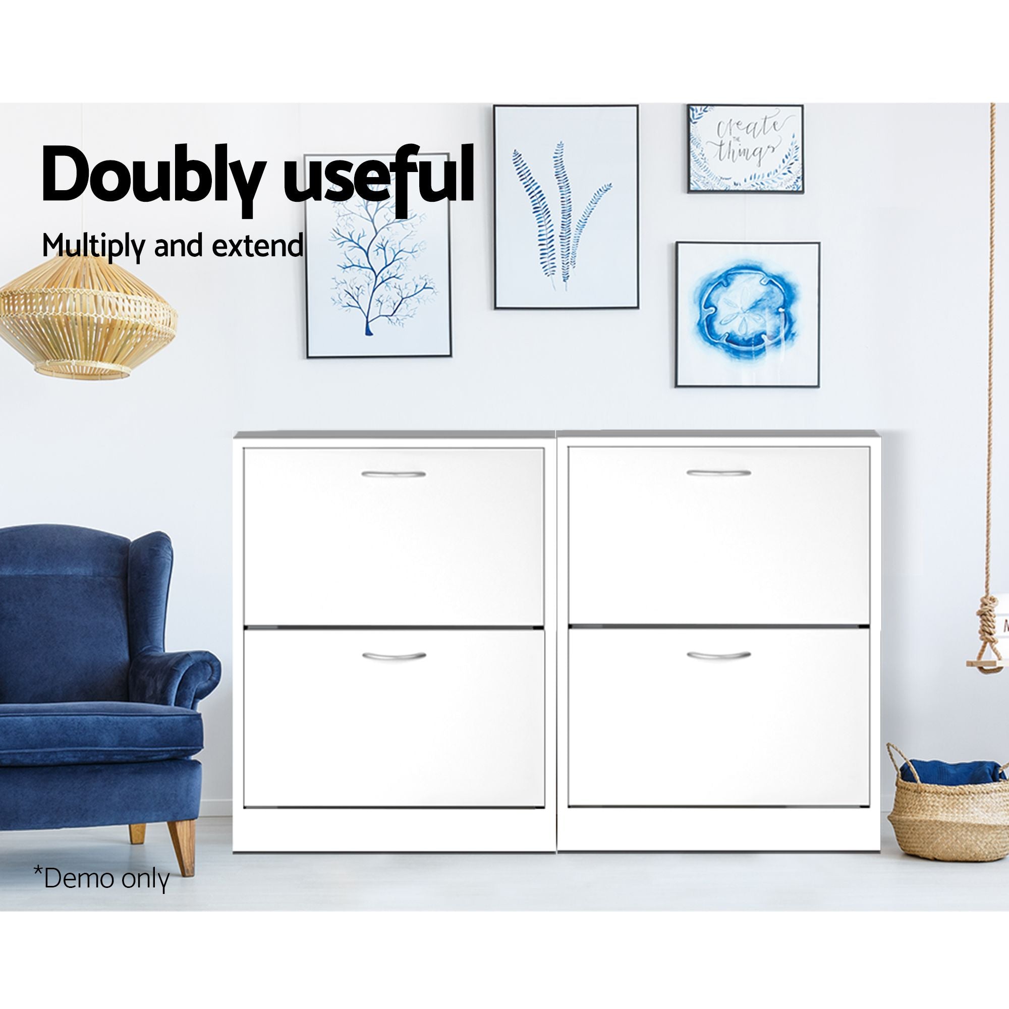 Artiss 2x Shoe Cabinet Storage Organiser 2 Flip Drawer White FURNI-SHOE-3D2-WHX2