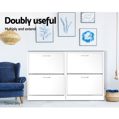 Artiss 2x Shoe Cabinet Storage Organiser 2 Flip Drawer White FURNI-SHOE-3D2-WHX2