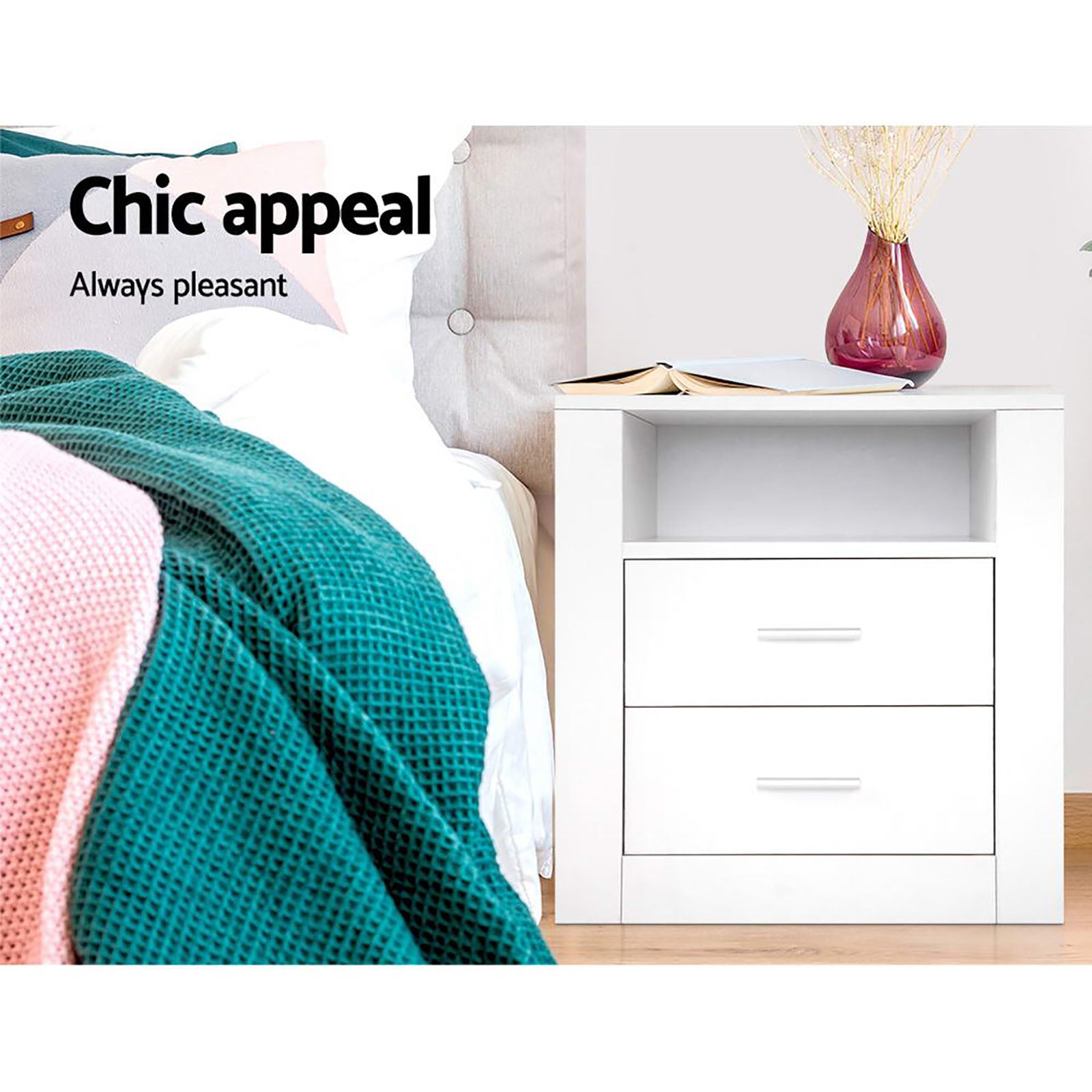 Artiss 2 X Bedside Table 2 Drawers with Shelf - TARA White FURNI-SIDE-SHELF-WHX2