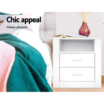Artiss 2 X Bedside Table 2 Drawers with Shelf - TARA White FURNI-SIDE-SHELF-WHX2