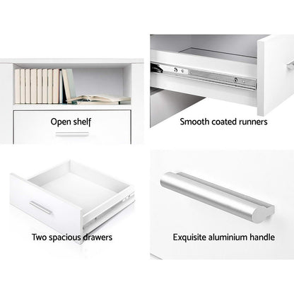 Artiss 2 X Bedside Table 2 Drawers with Shelf - TARA White FURNI-SIDE-SHELF-WHX2