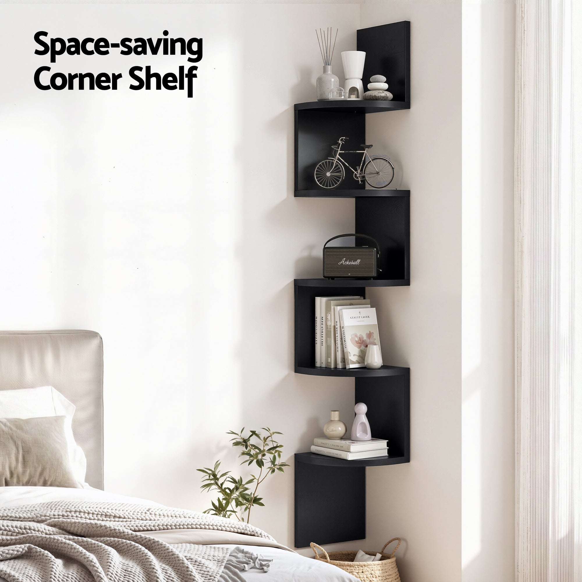 Artiss Wall Shelf Bookshelf Corner Floating 5-Tier Black FURNI-WALL-COR-BK