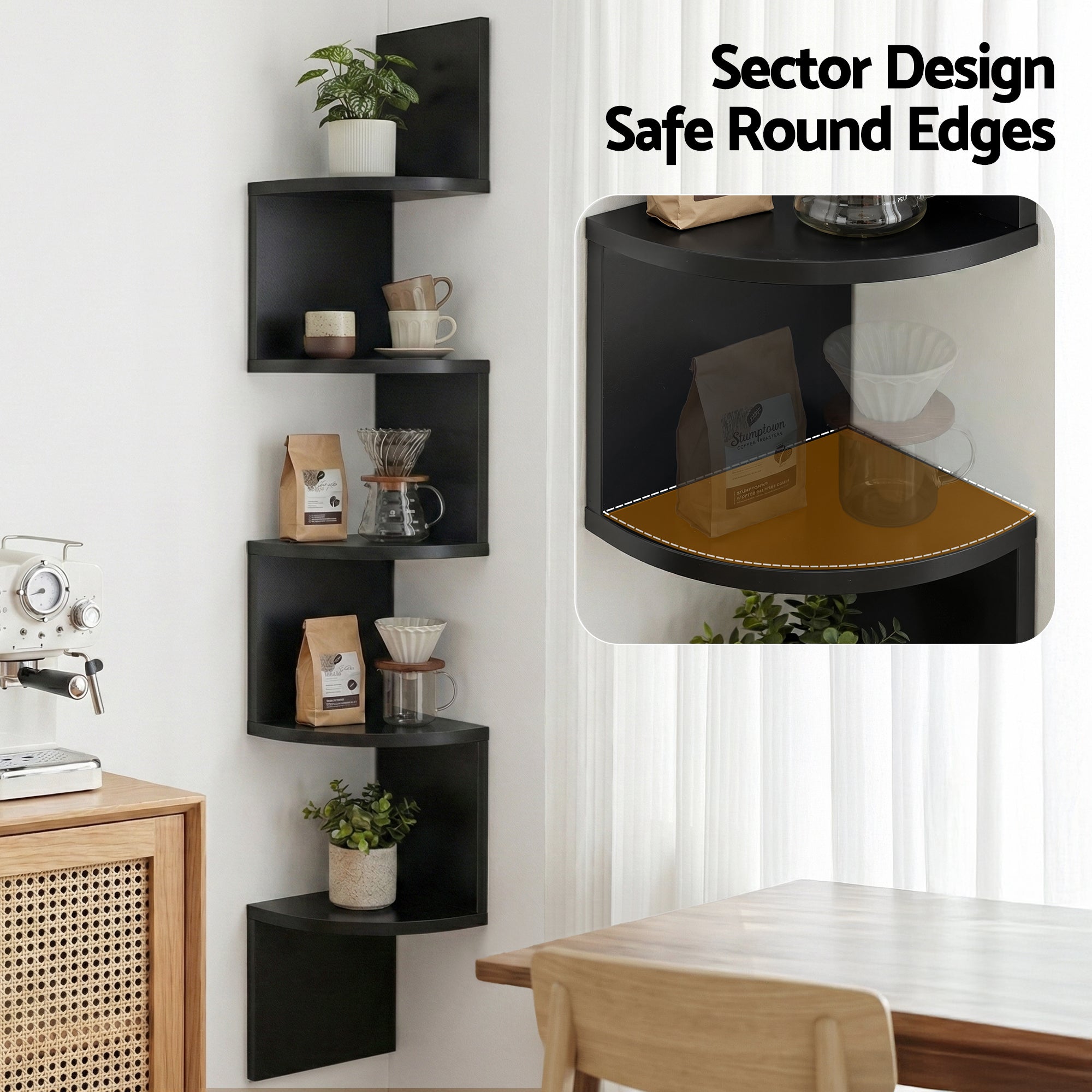 Artiss Wall Shelf Bookshelf Corner Floating 5-Tier Black FURNI-WALL-COR-BK