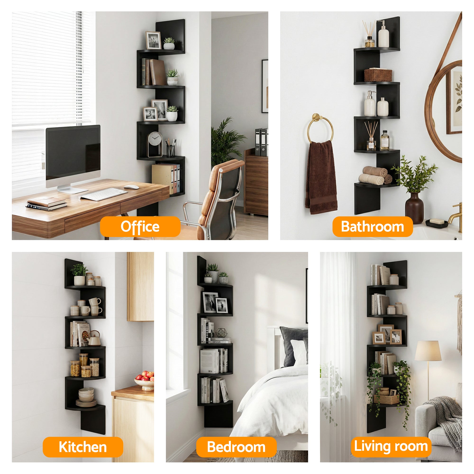 Artiss Wall Shelf Bookshelf Corner Floating 5-Tier Black FURNI-WALL-COR-BK