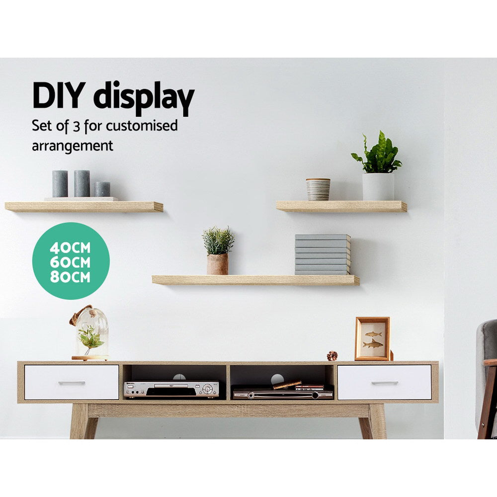 Artiss Floating Wall Shelf Set of 3 Oak FURNI-WALL-SHELF-WD