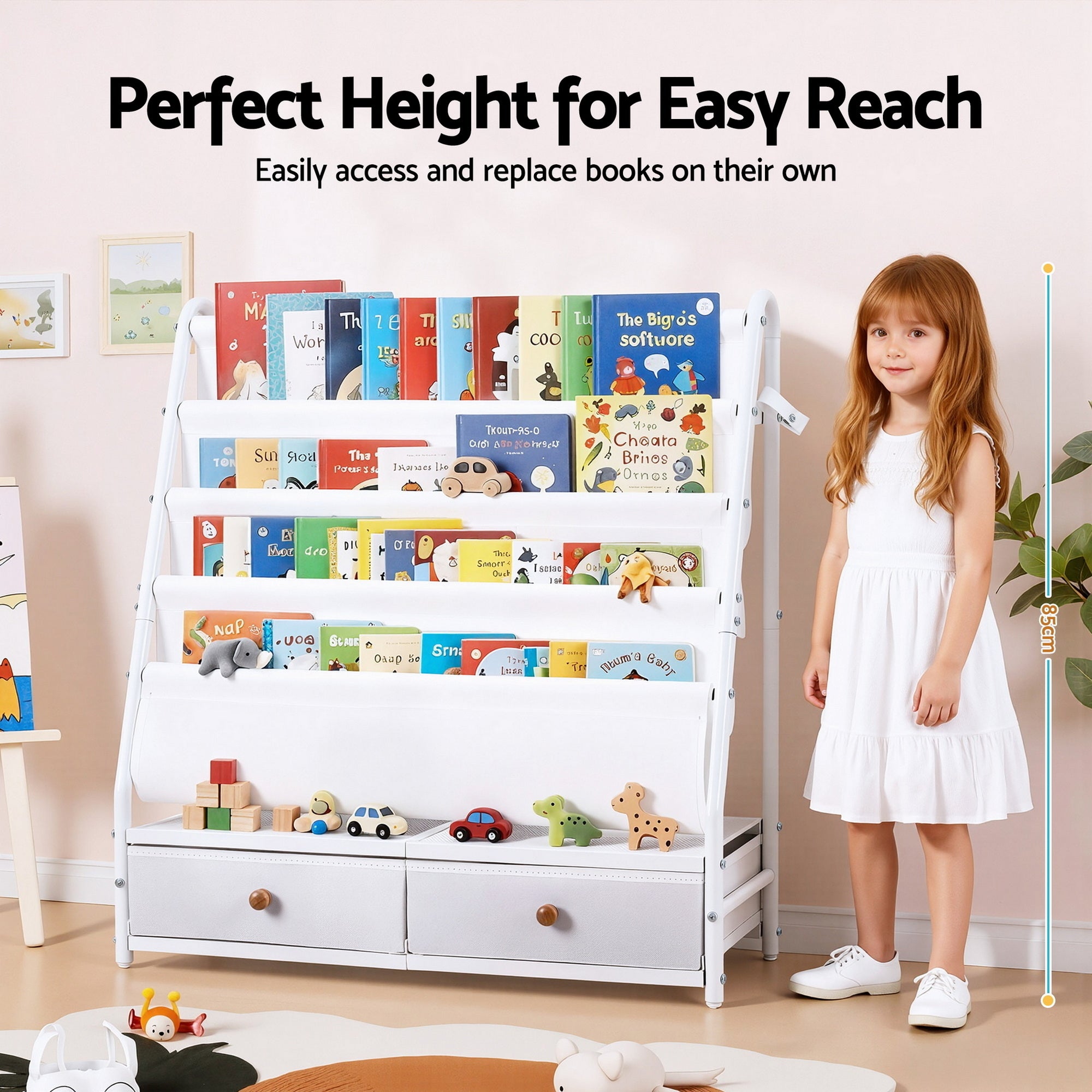 Keezi Kids Bookshelf Metal Storage Rack Toy Organiser Display Shelf Drawer White FURNI-Z-BOOK-MEDR-WH