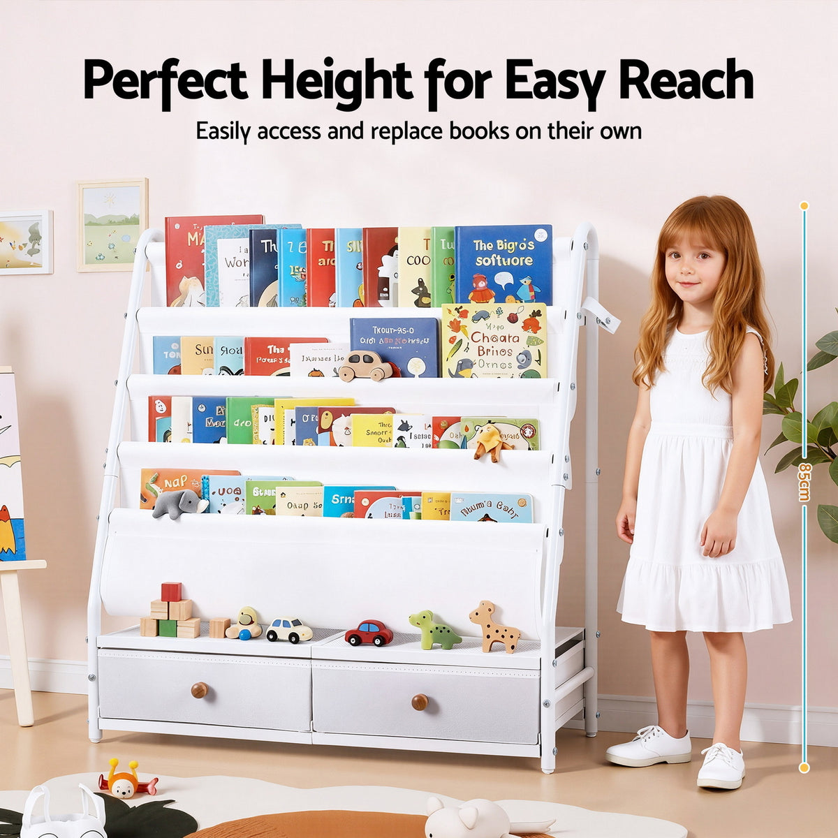 Keezi Kids Bookshelf Metal Storage Rack Toy Organiser Display Shelf Drawer White FURNI-Z-BOOK-MEDR-WH