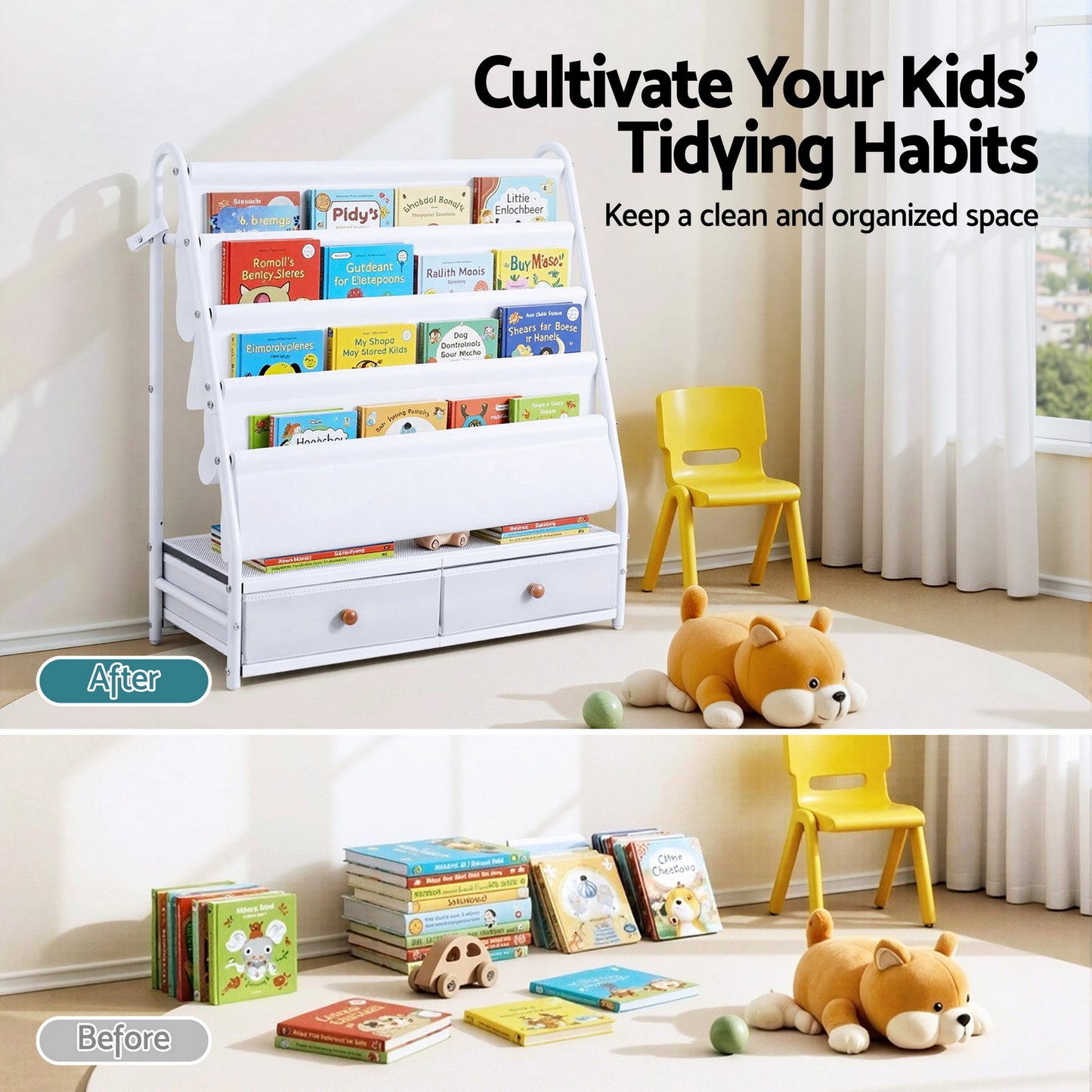 Keezi Kids Bookshelf Metal Storage Rack Toy Organiser Display Shelf Drawer White FURNI-Z-BOOK-MEDR-WH